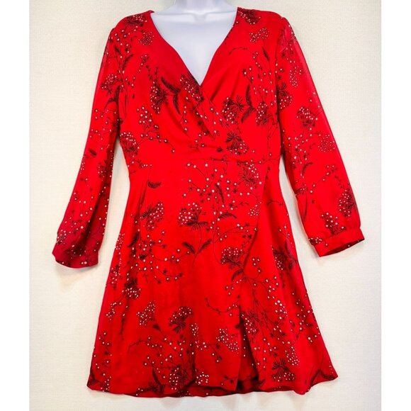 Madewell Womens Short Wrap Dress Size 6 Red Floral Sheer Sleeves - Picture 1 of 10